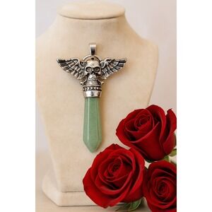 Winged Skull Green Crystal Point Pendant Necklace Silver Tone Gothic Style #6‎